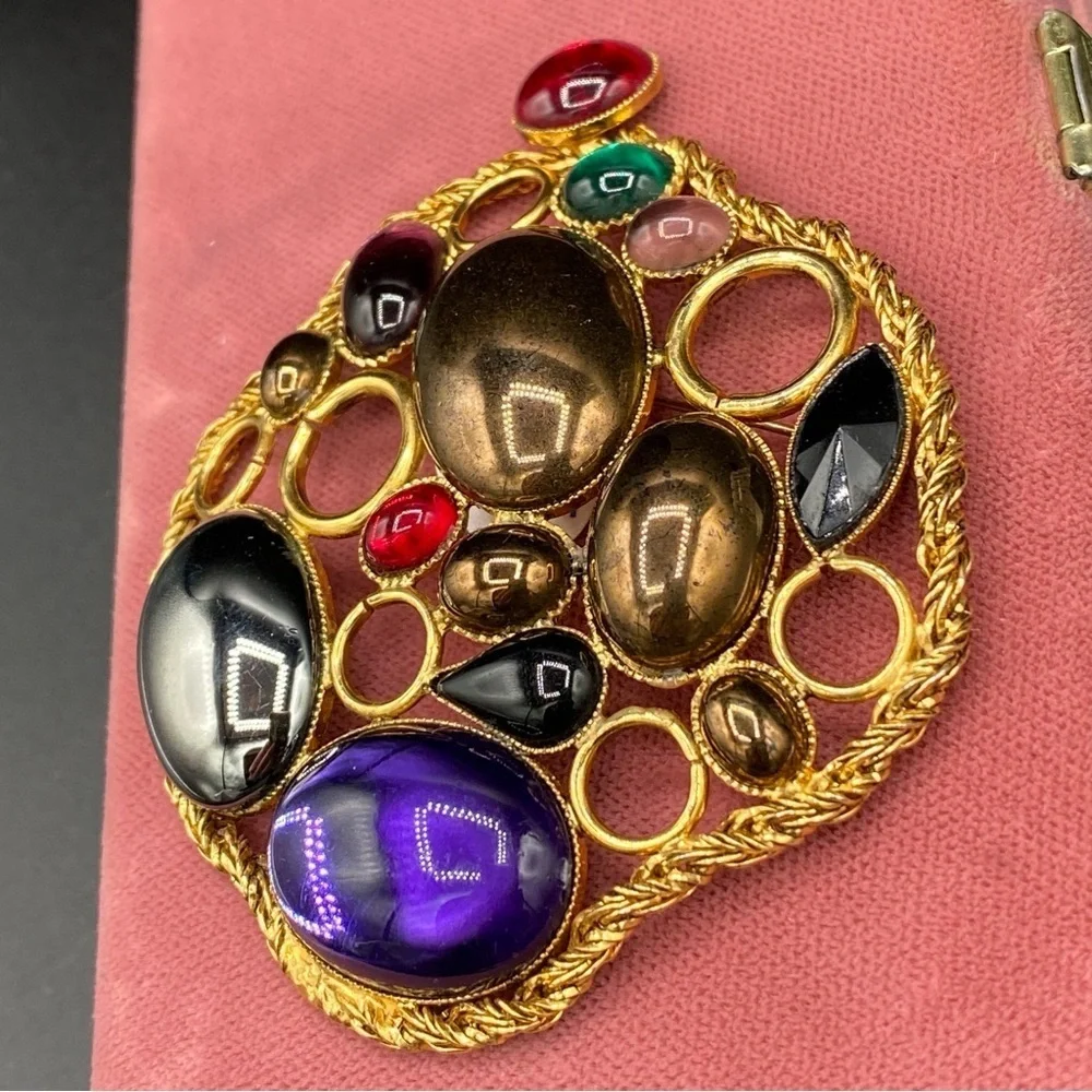 Vintage Signed FERRARI Massive Gripoix Mogul Jewel Tone Statement Brooch